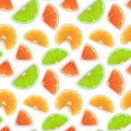 Seamless Endless Pattern with Print of Fresh orange slices, lime and lemon in cartoon style on white background. Can be used in Royalty Free Stock Photo
