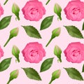 Seamless, endless pattern with roses and leaves, bright pink roses and green leaves on seamless background, design for your Royalty Free Stock Photo