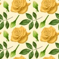 Seamless, endless pattern with roses and leaves, bright Yellow roses and green leaves on seamless background, design for your Royalty Free Stock Photo