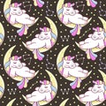 Seamless, endless pattern with white unicorns, rainbow and stars. Isolated on dark background. Unicorn pattern. Vector eps 10 Royalty Free Stock Photo