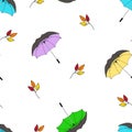 seamless, endless vector autumn pattern, umbrellas and branches. on a white background.