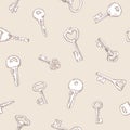 Seamless engraved pattern with old and modern door keys. Endless background with outlined repeating print in retro style