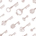 Seamless engraved pattern with vintage door keys. Hand-drawn background with antique black and white repeating print
