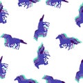 Seamless equestrian vector pattern with running horses in cold colors