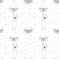 Seamless esoteric pattern with celestial butterfly, hands and mystic moth. Magical starry occult background. Vector