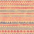 Seamless ethnic ornament. Aztec and tribal motifs. Ornament drawn by hand. Blue, red and beige colors. Horizontal lines. Print for