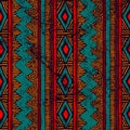 Seamless ethnic ornament. Aztec and tribal motifs. Ornament drawn by hand. Blue, red and orange colors. Vertical lines. Print for