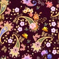 Seamless ethnic ornament with bouquet of garden flowers, butterflies, mandala and paisley on lace background. Indian motifs