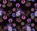 Seamless ethnic pattern with fabulous flowers, paisley and polka dot on black background. Vintage russian, persian, indian motifs