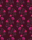 Seamless ethnic pattern with fantasy flowers, leaves, paisley and berries on dark purple background. Vertical garlands.