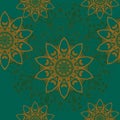 Seamless ethnic pattern with orange flowers mandalas on ornamental green background