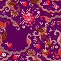 Seamless ethnic pattern with paisley, fantasy birds and flowers in vector. Space for text. Packaging design Royalty Free Stock Photo