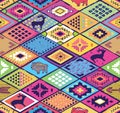 Seamless ethnic pattern with rhombuses, arrows and animals elements. Aztec fancy abstract geometric art