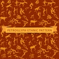 Seamless ethnic petroglyph saami pattern in orange color on brown