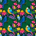 Seamless exotic birds. Tropical bright parrots. Palm leaves. Jungle flowers. Trendy wallpaper. Rainforest inhabitants