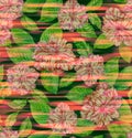 seamless exotic floral pattern, pink camellias and tropical leaves on striped backgropund.