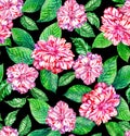 seamless exotic floral pattern, pink camellias and tropical leaves on black background.