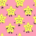 SEAMLESS exotic fruit carambola pattern, funny cute faces character. Kitchen textile or wrapping paper