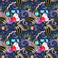 Seamless exotic paisley floral pattern in vector. Bunches of roses, cosmos flowers, leaves and striped buta