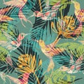 Seamless exotic pattern with abstract palm leaves and colibri. Royalty Free Stock Photo