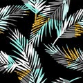 Seamless exotic pattern with palm leaf silhouettes. Gold glitter texture. Royalty Free Stock Photo