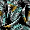 Seamless exotic pattern with palm leaf silhouettes. Gold glitter texture. Royalty Free Stock Photo