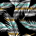 Seamless exotic pattern with palm leaf silhouettes. Gold glitter texture. Royalty Free Stock Photo
