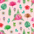 Seamless exotic pattern with tropical flowers and leaves