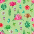 Seamless exotic pattern with tropical flowers and leaves