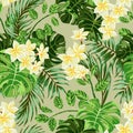 Seamless exotic pattern with tropical leaves and flowers. Royalty Free Stock Photo