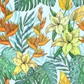 Seamless exotic pattern with tropical leaves and flowers. Blooming jungle Royalty Free Stock Photo