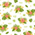 Seamless exotic pattern with tropical leaves and flowers on a white background. Hibiscus, palm. Vector illustration Royalty Free Stock Photo