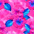 Hibiscus. Seamless exotic pattern with tropical leaves and flowers on a white background. Watercolor illustration. Royalty Free Stock Photo