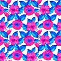 Hibiscus. Seamless exotic pattern with tropical leaves and flowers on a white background. Watercolor illustration. Royalty Free Stock Photo