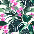 Seamless exotic pattern with tropical monstera palm leaves with bright pink plumeria flowers branch. Royalty Free Stock Photo