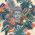 Seamless exotic style vector pattern with Buddha head, flowers, leaves, feathers. Royalty Free Stock Photo