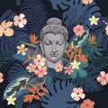 Seamless exotic style vector pattern with Buddha head, flowers, leaves, feathers. Royalty Free Stock Photo