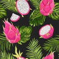 Seamless exotic watercolor dragon fruit pattern, pitaya background with palm leaves in watercolor style