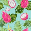 Seamless exotic watercolor dragon fruit pattern, pitaya background with palm leaves in watercolor style