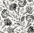 Seamless fabric pattern isolated flowers Vintage background Carnation Croton Wallpaper Drawing engraving Vector Illustration Royalty Free Stock Photo