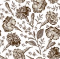 Seamless fabric pattern isolated flowers Vintage background Carnation Croton Wallpaper Drawing engraving Vector Illustration Royalty Free Stock Photo