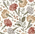 Seamless fabric pattern isolated flowers Vintage background Carnation Croton Wallpaper Drawing engraving Vector Illustration Royalty Free Stock Photo