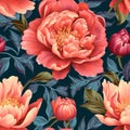 Seamless fabric pattern of colorful bright peonie flower. Design for paper, cover, fabric, interior decor, textile and other users