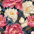 Seamless fabric pattern of colorful bright peonie flower. Design for paper, cover, fabric, interior decor, textile and other users