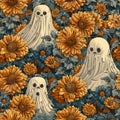Seamless fabric pattern featuring retro yellow and blue wildflowers with white ghosts Royalty Free Stock Photo