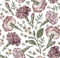 Seamless fabric pattern isolated flowers Vintage background Carnation Croton Wallpaper Drawing engraving Vector Illustration Royalty Free Stock Photo