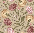 Seamless fabric pattern isolated flowers Vintage background Carnation Croton Wallpaper Drawing engraving Vector Illustration Royalty Free Stock Photo