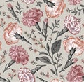 Seamless fabric pattern isolated flowers Vintage background Carnation Croton Wallpaper Drawing engraving Vector Illustration Royalty Free Stock Photo