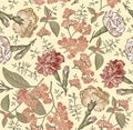 Seamless fabric pattern isolated flowers Vintage background Carnation Wallpaper Drawing engraving Vector Illustration Heliotrope