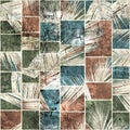 Seamless faded grungy mosaic of palm leaves in rectangles